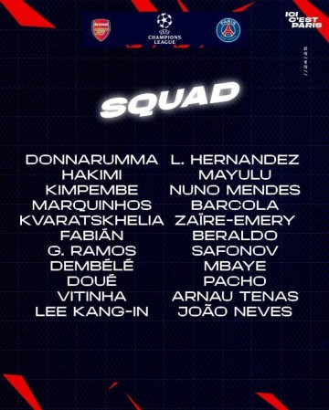 巴黎客战阿森纳名单：登贝莱领衔，阿什拉夫、K77在列&姆巴耶回归