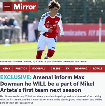 神童进厂镜报独家：阿森纳已通知15岁道曼，下赛季进入一线队