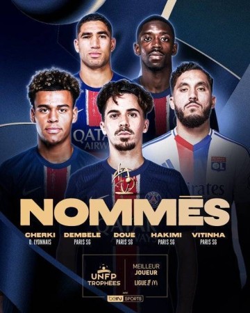 UNFP法甲赛季最佳球员候选：登贝莱、杜埃等巴黎4人，切尔基在列