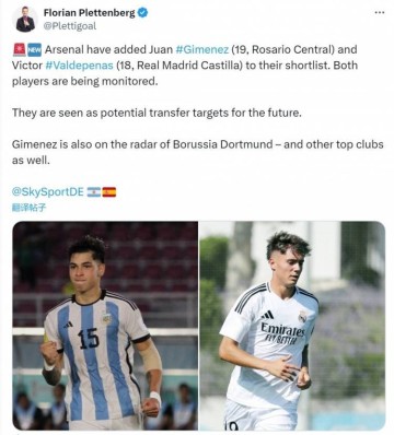 德天空:阿森纳关注19岁中卫吉梅内斯、18岁中卫巴尔德佩尼亚斯