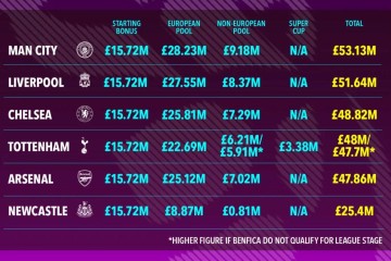 英超欧冠保底收入排行榜：曼城第一 热刺比阿森纳还能赚更多